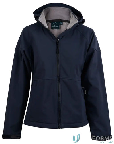 Navy blue Aspen softshell hooded jacket from Heart Foundation (EMBx2) with hi-tech 4-way stretch