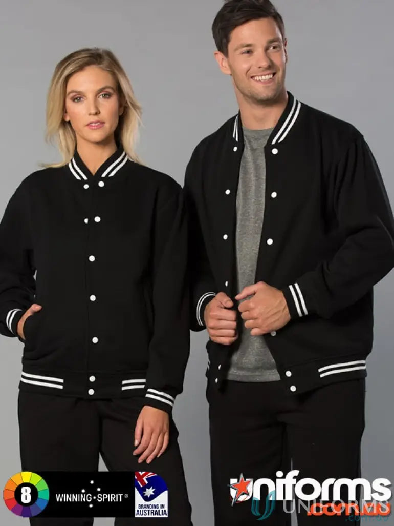 Black fleece varsity jacket with white trim from Heart Foundation EMBx2, perfect for team appearance