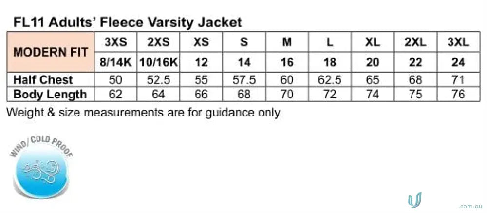 Fleece varsity jacket size chart for Heart Foundation EMBx2 Letterman Jacket showing winning spirit fleece and team appearance style