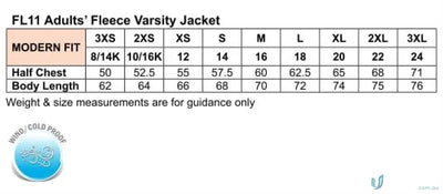 Fleece varsity jacket size chart for Heart Foundation EMBx2 Letterman Jacket showing winning spirit fleece and team appearance style