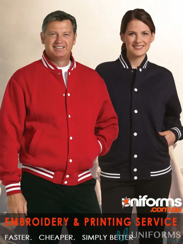 Red and navy blue fleece varsity jackets from Heart Foundation Letterman Jacket collection for team appearance