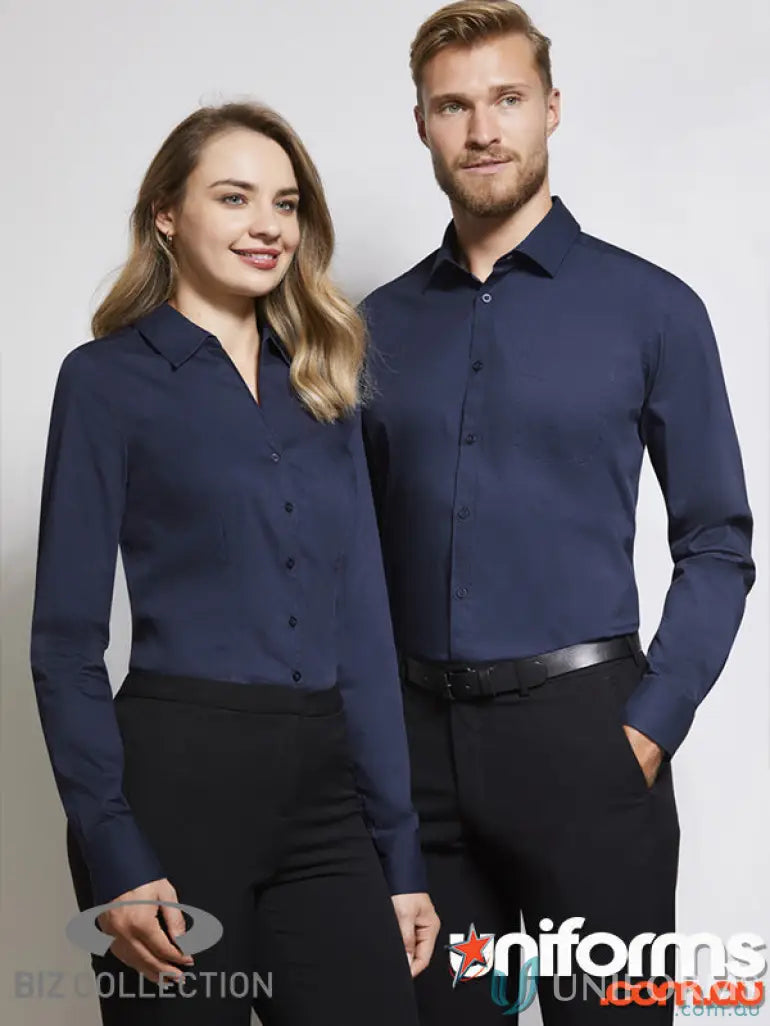Two guys modeling matching dark blue men’s LS shirts from Heart Foundation EMBx2 Biz Collection Monaco with modern narrow collar