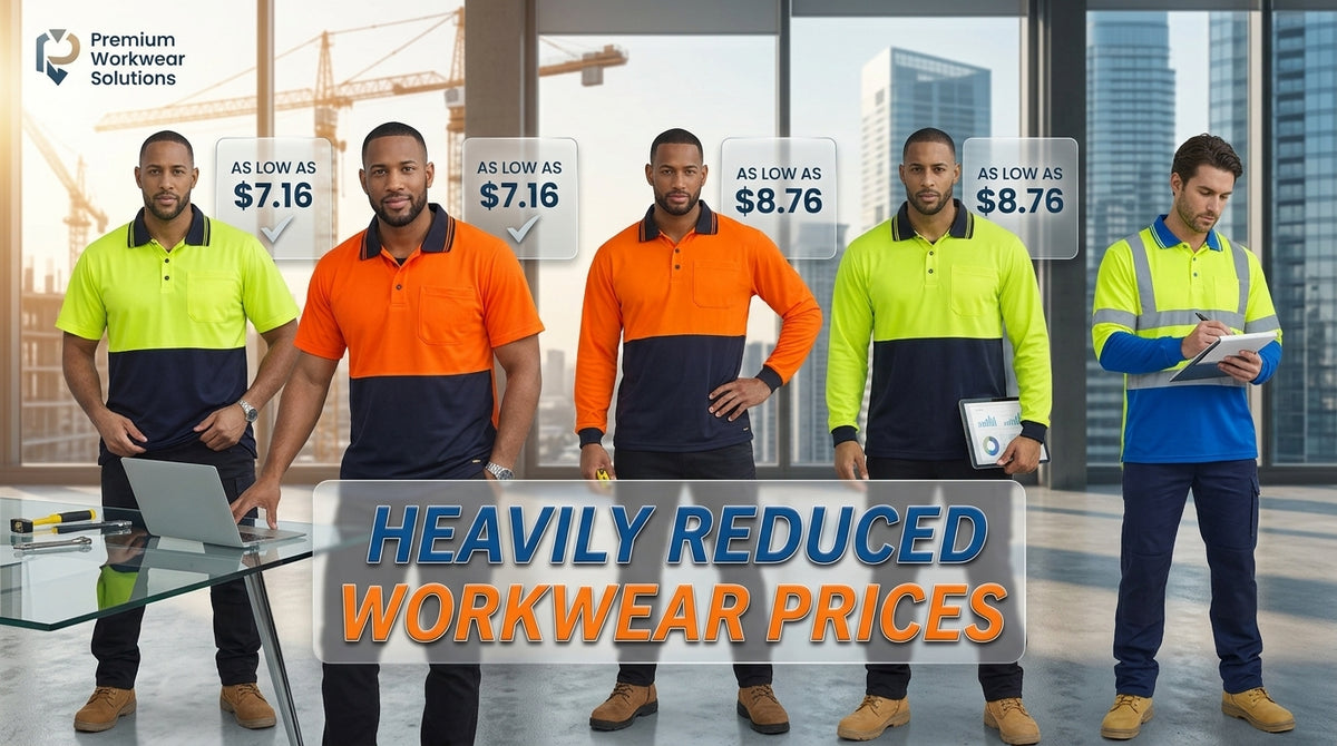 Five men wearing high-visibility workwear uniforms stand in a modern office setting with city views. The uniforms are in neon yellow-green, orange, and navy blue color blocking.