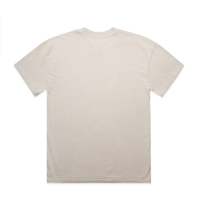 Cream-colored crew neck t-shirt with short sleeves and a relaxed fit.