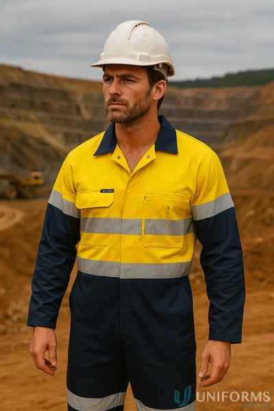 WorkCraft WC6093 HI VIS Coverall CSR Tape in Fluoro Yellow/Navy