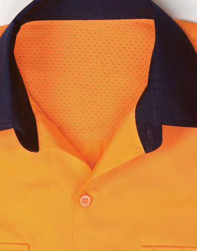 Sw83 hi-vis work shirt with cool-breeze safety segmented tape, orange navy collar