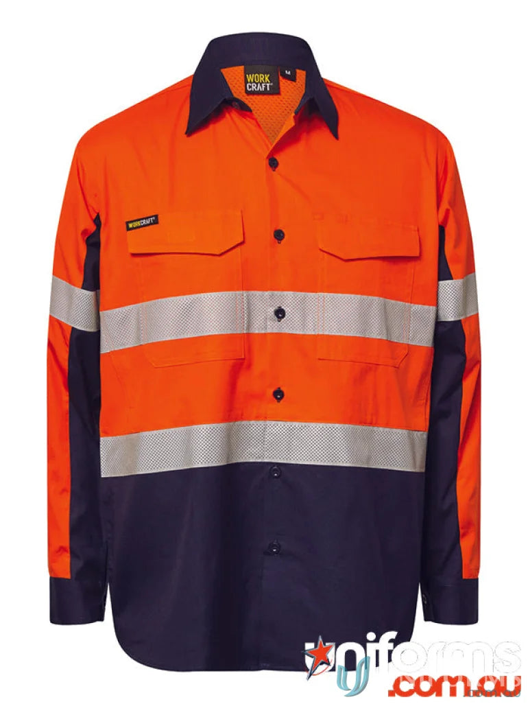 WorkCraft WS6068 Hi Vis Ripstop Shirt Tape L/S in Navy/Orange