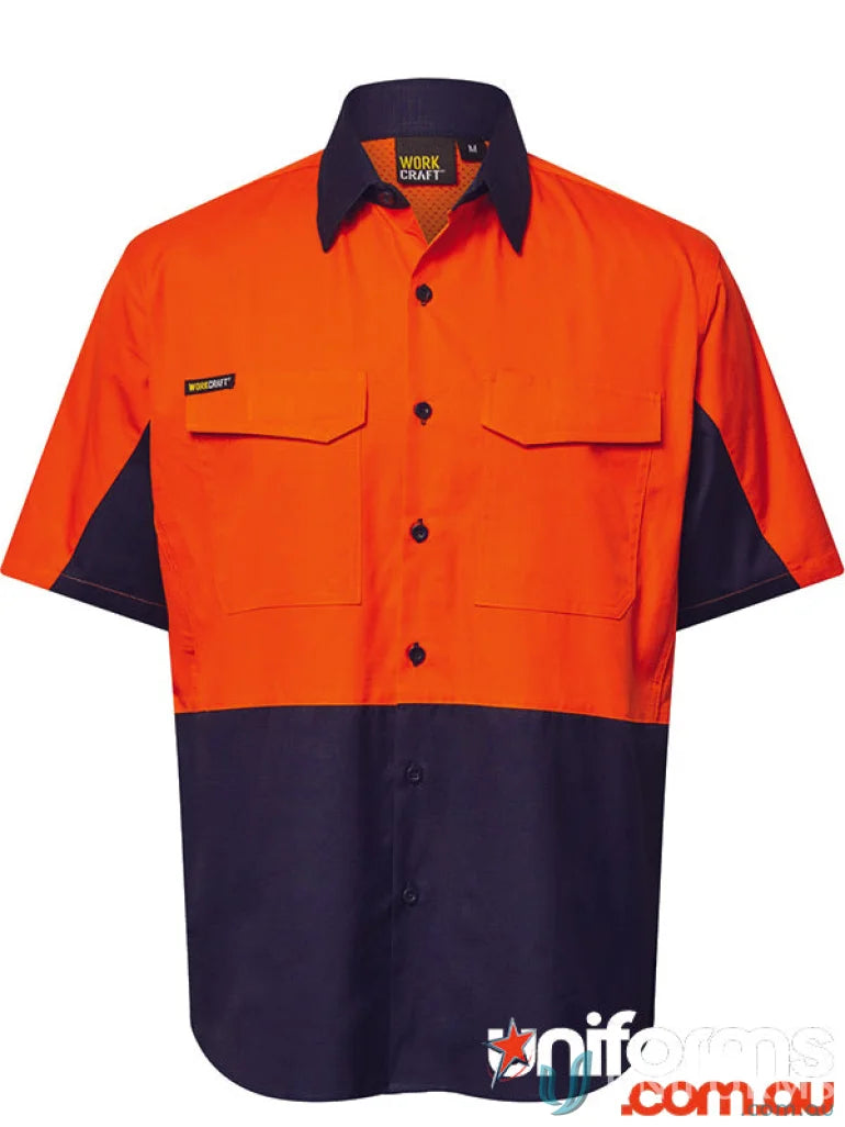 WorkCraft WS6067 Hi Vis Vented Ripstop Shirt- S/S in Navy/Orange