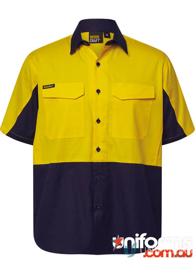 WorkCraft WS6067 Hi Vis Vented Ripstop Shirt- S/S in Navy/Orange front product image