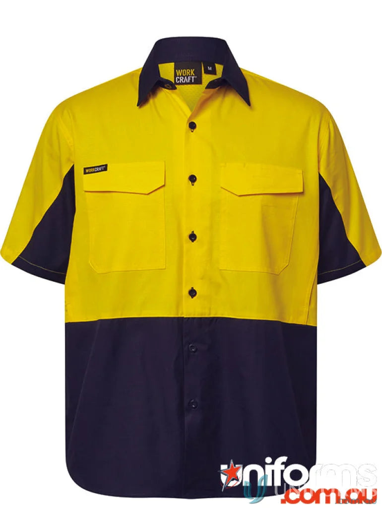 WorkCraft WS6067 Hi Vis Vented Ripstop Shirt- S/S in Navy/Orange front product image