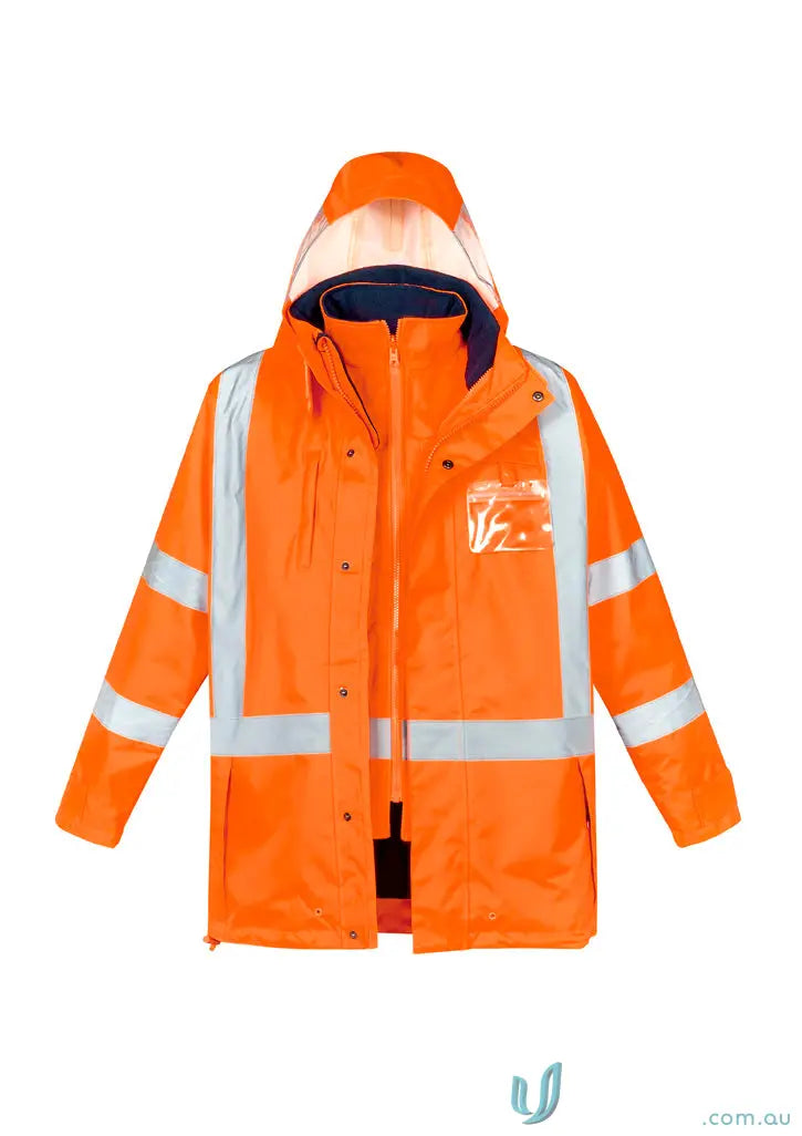 Orange high visibility jacket with waterproof outer shell and fleece-lined vest for safety