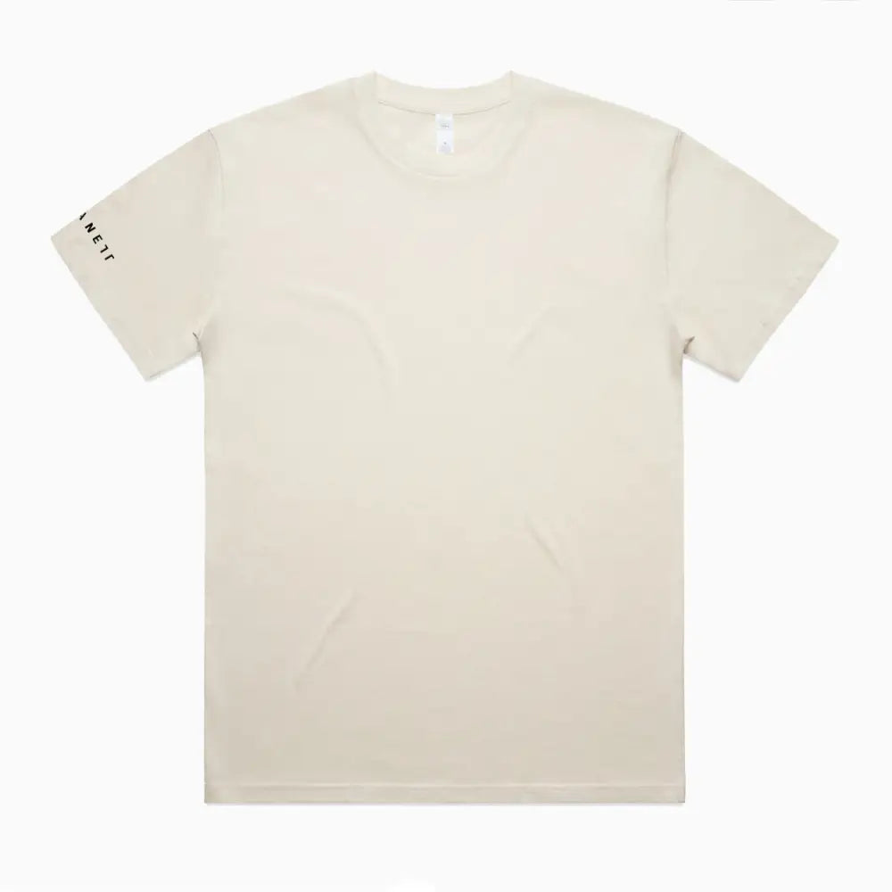 Cream-colored minimalist hike oversize tee with black logo on sleeve perfect for casual work uniforms and workwear