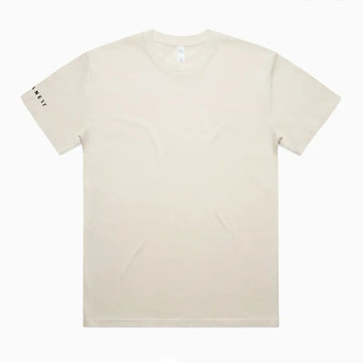 Cream-colored minimalist hike oversize tee with black logo on sleeve perfect for casual work uniforms and workwear