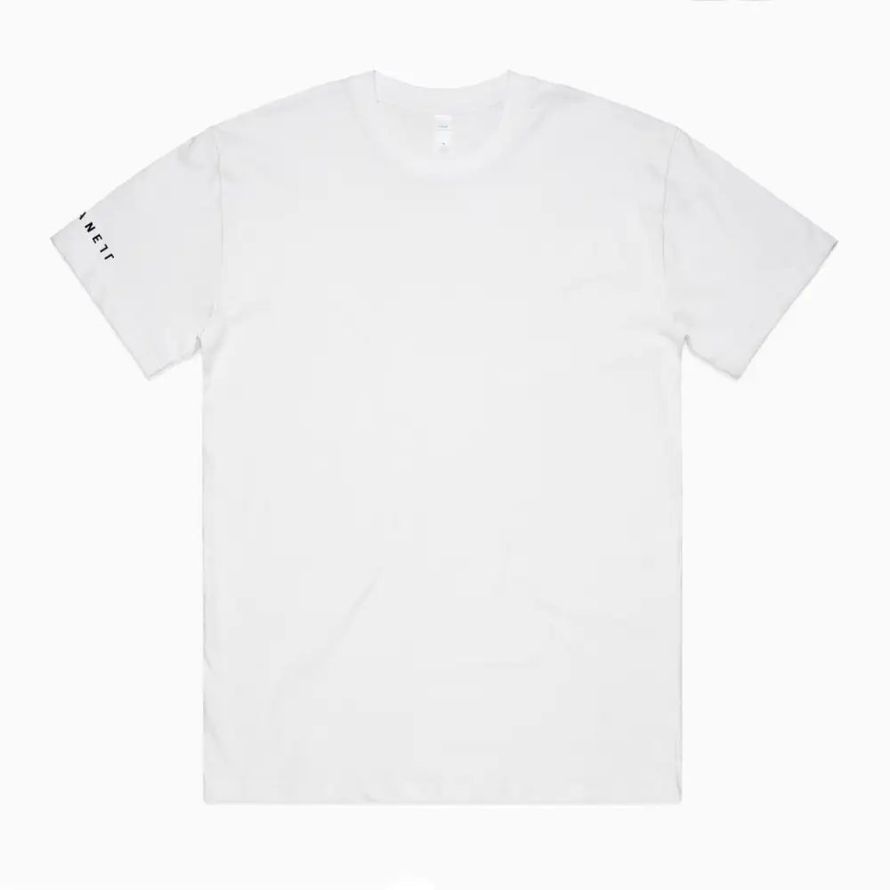 White cotton hike oversize tee with minimalist design and subtle black text on left sleeve perfect for workwear uniforms