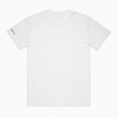 White cotton hike oversize tee with minimalist design and subtle black text on left sleeve perfect for workwear uniforms