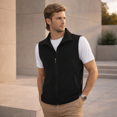 Black jk25 mens softshell hi-tech vest with zip front, collar and pockets