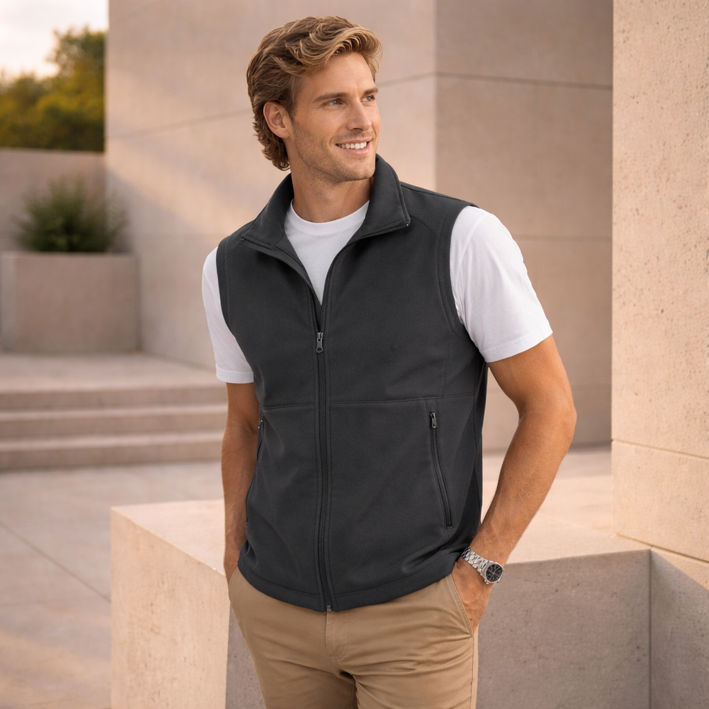 Jk25 mens softshell hi-tech vest dark gray zip-up fleece front view