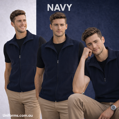 Navy blue zip-front jk25 mens softshell hi-tech vest back view