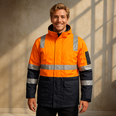 HiVis 6-in-1 reflective workwear jacket in orange with navy and reflective tape