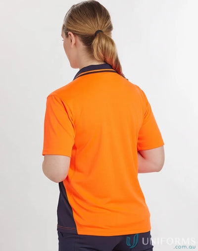 Bright orange hi vis bamboo polo shirt with navy collar and panels ideal for workwear uniforms and work uniforms