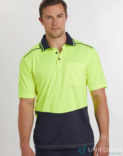 Bright neon yellow and navy blue two-tone hi vis bamboo polo shirt with contrast stitching ideal for workwear uniforms