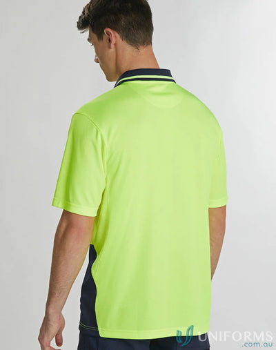 Bright neon green q e emb hi vis bamboo short sleeve polo with navy collar and side panels perfect for workwear uniforms