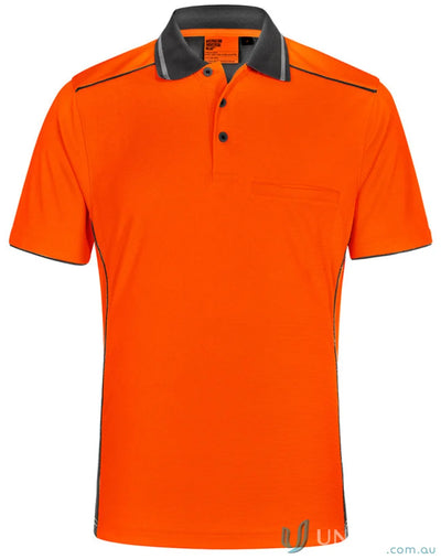 Orange short-sleeved hi-vis bamboo charcoal vented polo shirt with gray collar