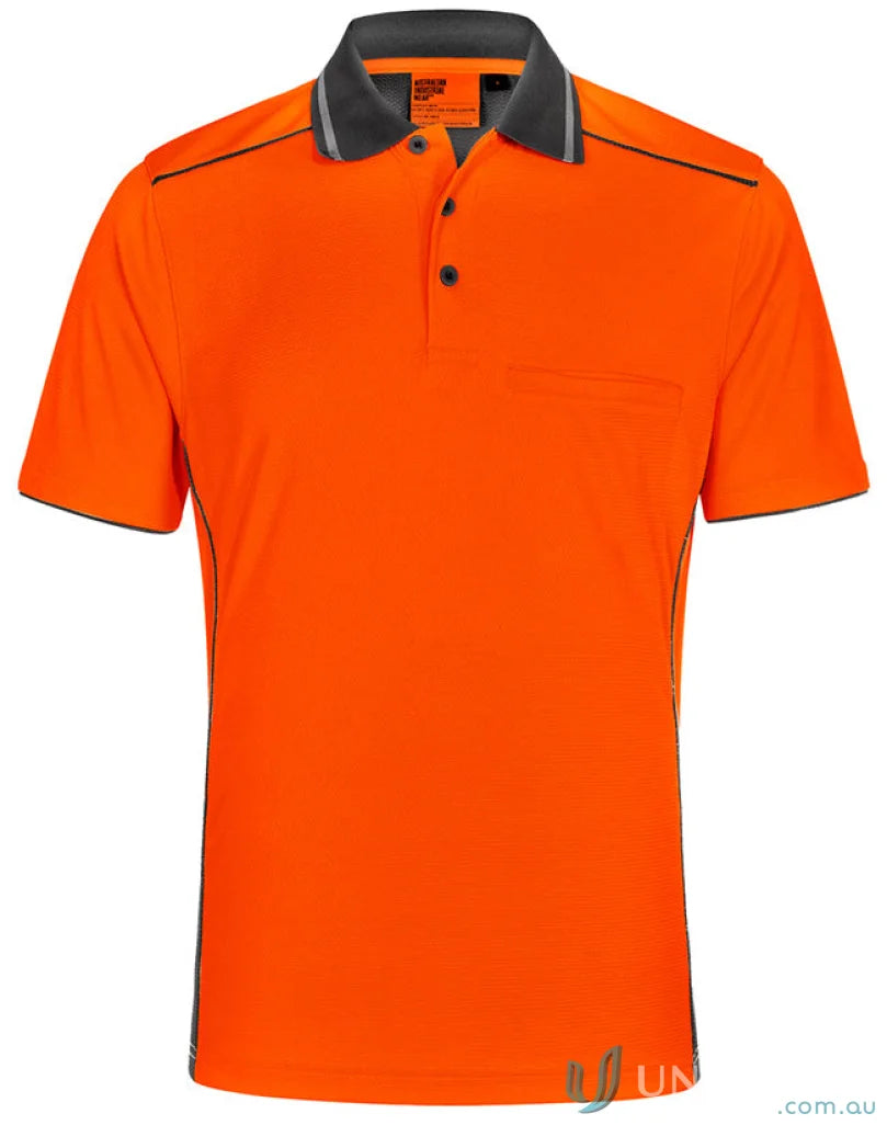 Orange short-sleeved hi-vis bamboo charcoal vented polo shirt with gray collar