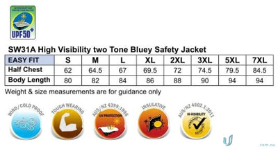 Safety jacket size chart and features for HiVis Bluey Jacket Spirit SW31A in hi-vis two tone style