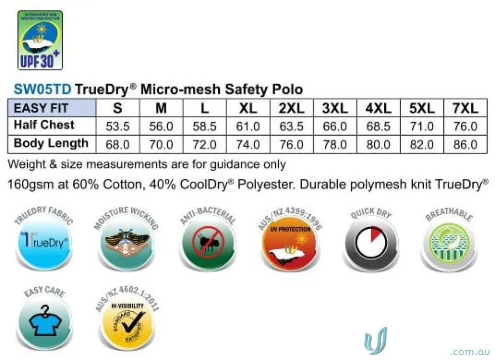 Hivis CoolDry Safety Long Sleeve Polo size chart and fabric details for SW05TD high visibility