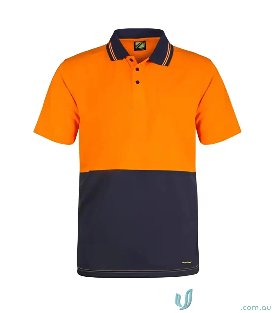 Orange and navy blue short-sleeved polo shirt from HiVis Cotton Back Polo work uniforms