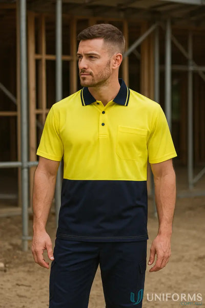 Men’s HiVis Cotton Back Polo shirt in yellow and navy blue with pocket for uniforms or workwear