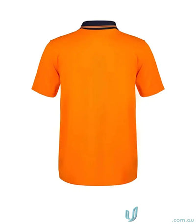 Orange polo shirt with navy collar from HiVis Cotton Back Polo, perfect for workwear