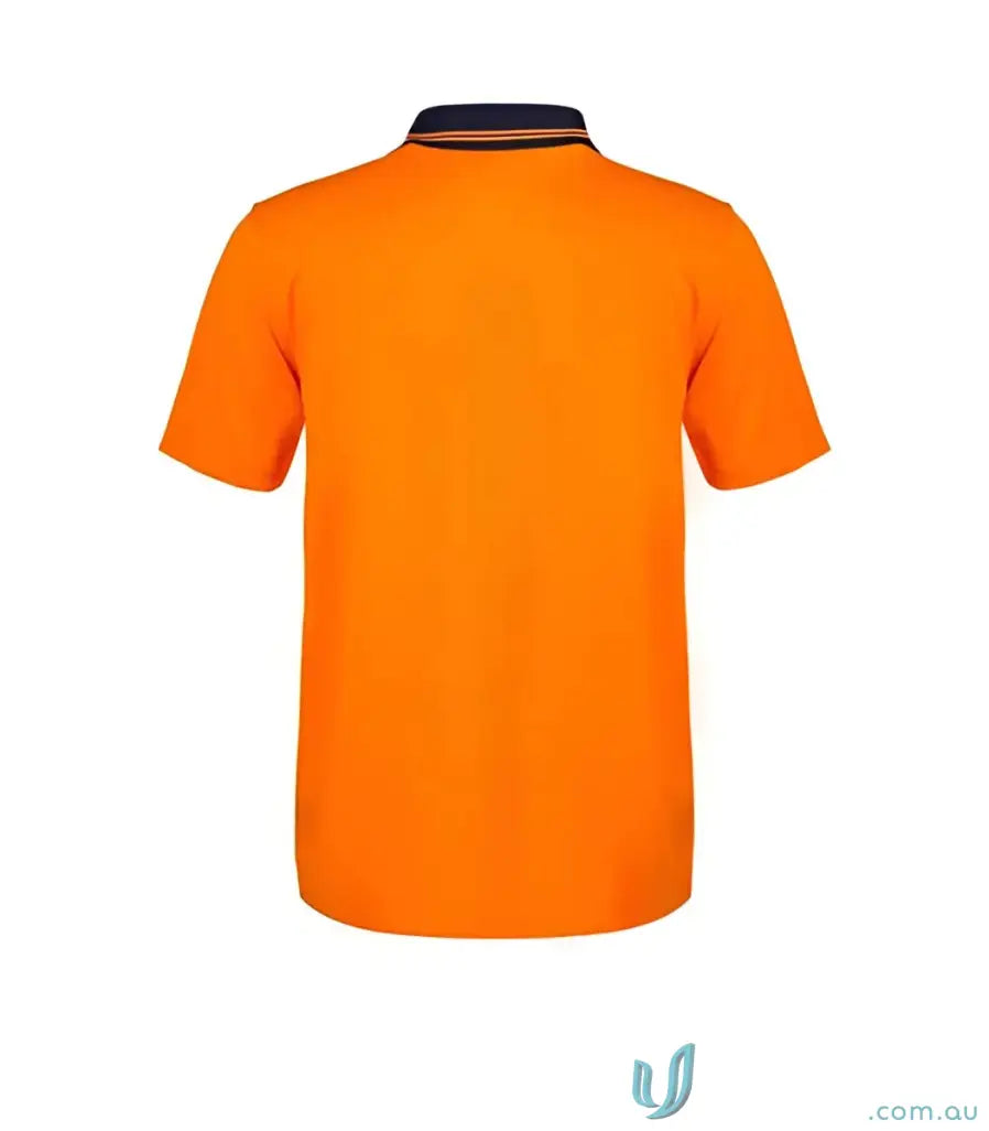 Orange polo shirt with navy collar from HiVis Cotton Back Polo, perfect for workwear