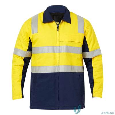 Yellow and navy blue HiVis Cotton Reflective Jacket for day and night safety