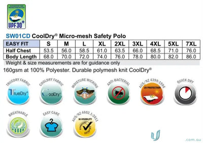 CoolDry Polo sizing chart and fabric details for JB’s HiVis Keep you stay safe