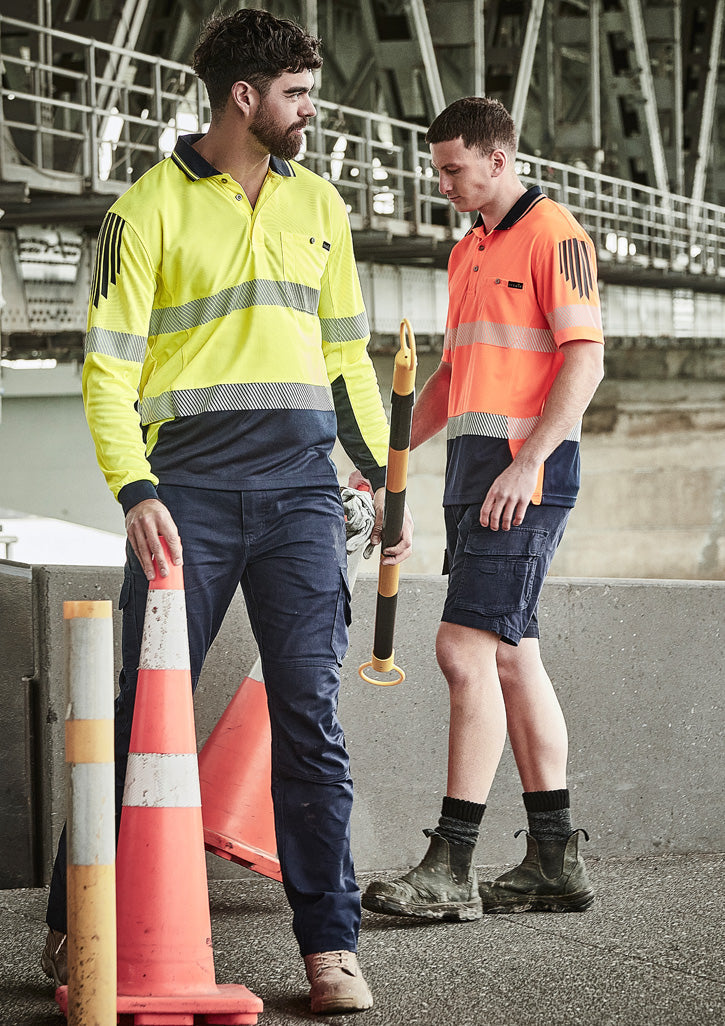 Mens Hi Vis Flux Segmented Tape LS Polo with bright yellow orange shirt and reflective tape