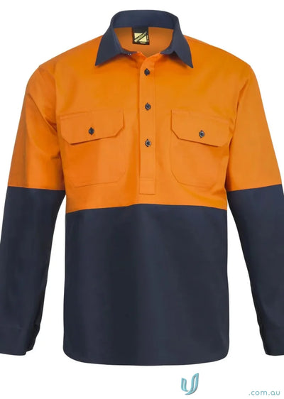 Orange and navy HiVis Half Placket Closed Front Drill Shirt with reinforced stress points