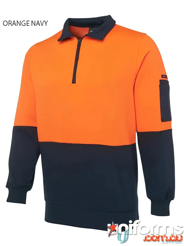 Orange and navy work sweatshirt ideal for uniforms in JBs HiVis Half Zip Fleecy Jumper
