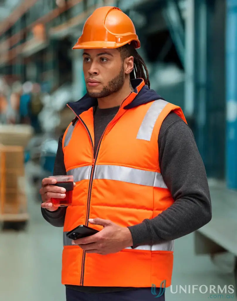 Orange hooded puffer vest with reflective stripes, perfect for construction workers workwear