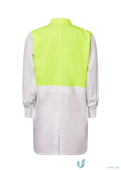 White and neon yellow long-sleeved workcraft hivis internal dustcoat for industrial laundry or kitchens