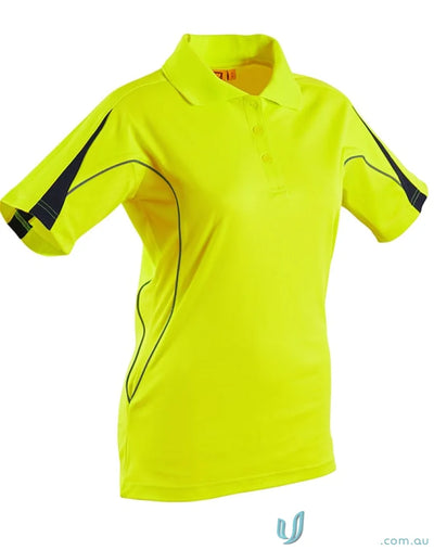 Bright yellow Winning Spirit HiVis Ladies Legend S/S Polo with black and grey accents