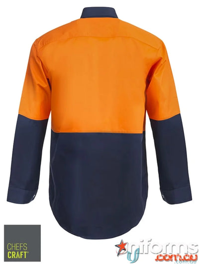 Orange and navy HiVis Lightweight Drill Food Industry Shirt with long sleeves