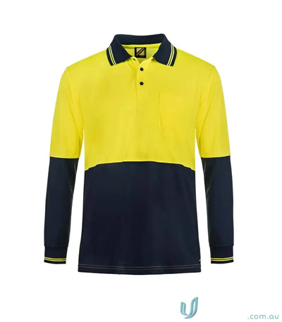 Hi-vis polo shirt for logistics teams with yellow and navy design, long sleeves, chest pocket
