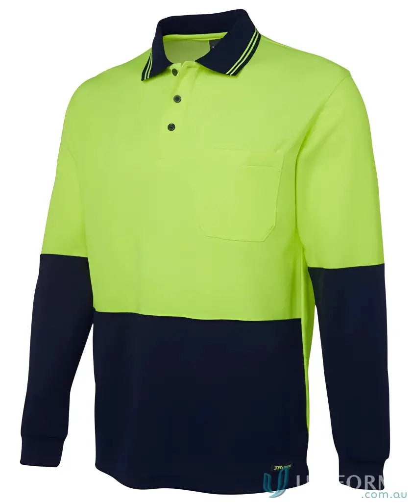 Mens HiVis LS Cotton Back Polo in lime green and navy blue workwear uniforms