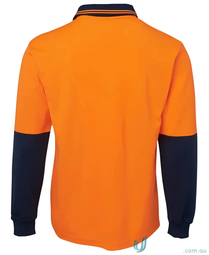Orange and navy blue cotton long-sleeve polo shirt from HiVis LS Cotton Back Polo workwear collection