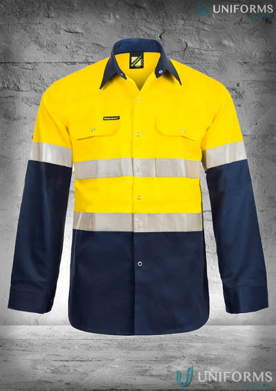 Yellow and navy HiVis LS Shirt with Reflective Tape, reinforced stress points, twin needle stitching