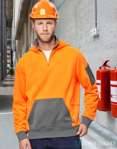 Orange and gray HiVis Qtr Zip Premium Fleece Hoodie with half-zip for winning spirit