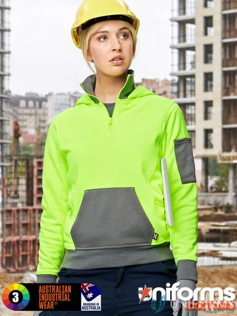 Woman in yellow hard hat wearing HiVis Qtr Zip Premium Fleece Hoodie showing winning spirit