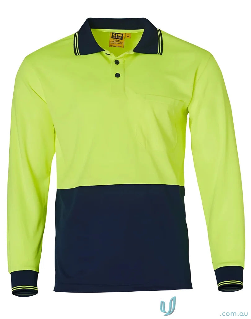 Two-tone long-sleeve polo shirt from HiVis Safety featuring sw05cd high visibility design